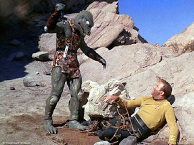 Captain Kirk fighting the Gorn on Cestus III